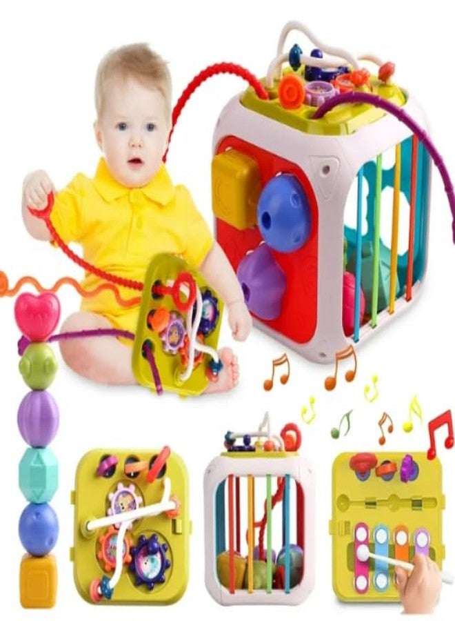 NIYANETAIL Baby Shape Sorting Toy, Colorful Elastic Bands Sensory Shape Sorter Bins with Balls & Blocks, Early Learning Preschool Educational Baby (14 Pcs Shape) (Motor Skills Activity Cube) - Image 1